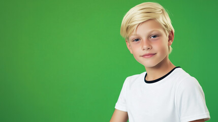 Editoral photo of a blonde girl or boy in white t-shirt with black edges, one color studio background, half-body portrait