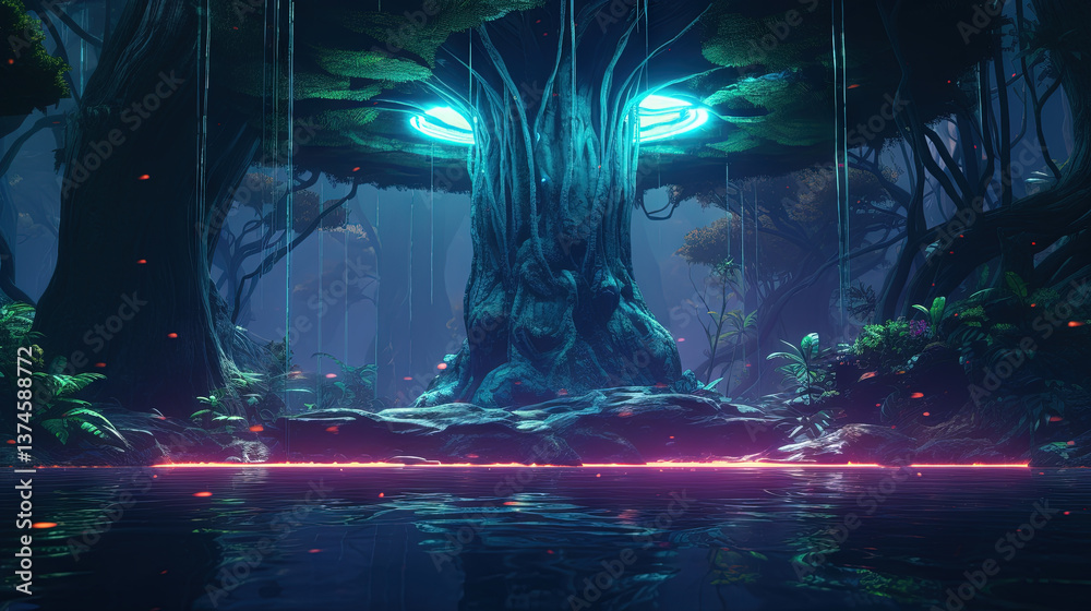 Poster neon-lit tree in a mystical jungle with glowing light and vibrant reflections