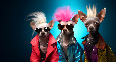Creative animal concept. Group gang of Chinese crested dog puppy doggy in sparkly rock punk neon bright colour outfit, copy text space. commercial, editorial advertisement party invitation invite	

