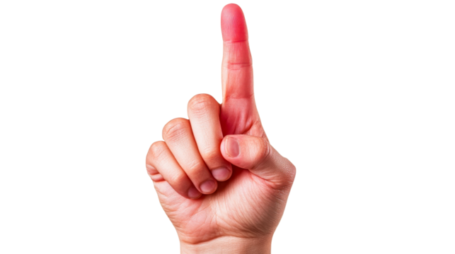 Forefinger pointing up with pink skin, show number one, cut out transparent