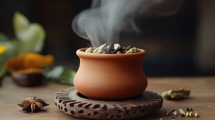 Fototapeta premium An Indian chai stall-inspired setup, with a clay cup of masala chai, steam rising, and spices like cardamom and cloves scattered