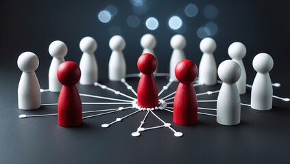 Network of connected people with two highlighted in red on a blurred background.