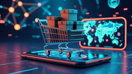 Illustration of a miniature shopping cart placed on a smartphone, filled with branded product boxes, in an abstract environment representing global connectivity. Generative AI