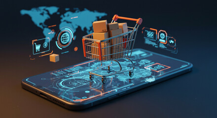 Illustration of a miniature shopping cart placed on a smartphone, filled with branded product boxes, in an abstract environment representing global connectivity. Generative AI
