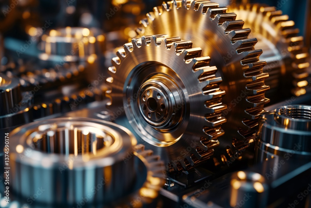 Fototapete close up of interlocking gears rotating smoothly in complex machinery