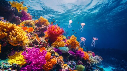 Fototapeta premium Jellyfish swimming over colorful coral reef in tropical ocean