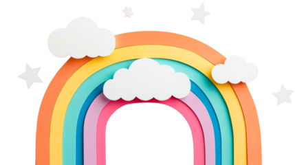 Colorful paper rainbow with clouds and stars, cut out transparent