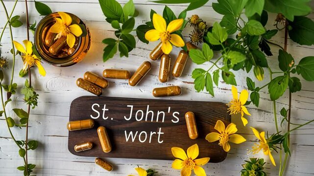 St. John's wort supplements capsules on the table. Selective focus. nature.