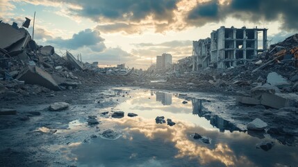 Ruined Urban Landscape with Debris and Reflections in Water at Sunset, Showcasing the Impact of Destruction on City Life and Architecture