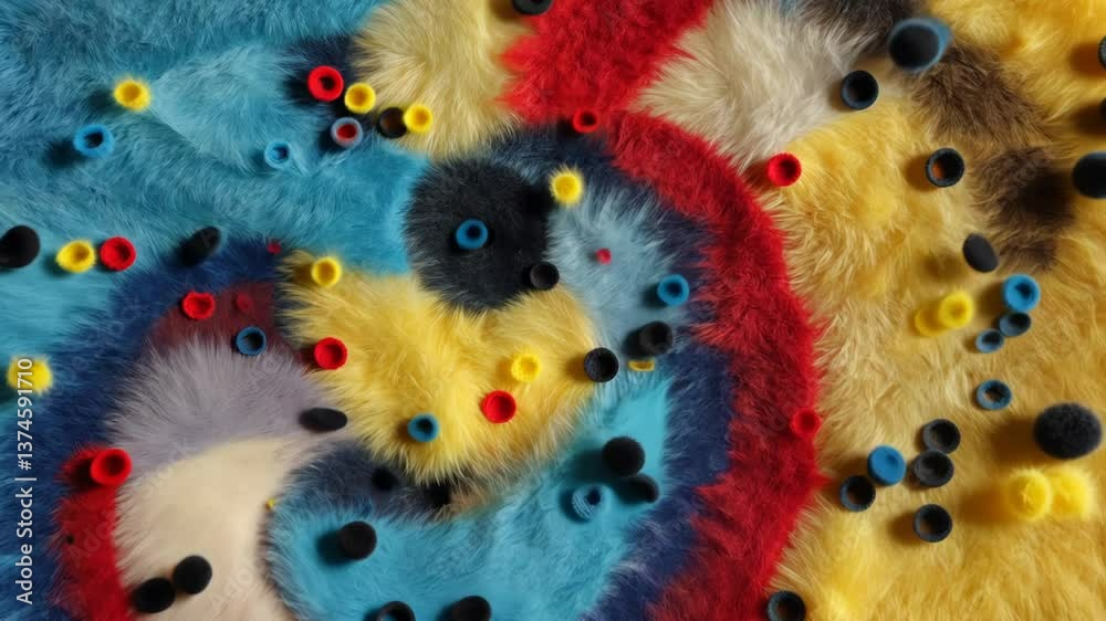 Poster A colorful pile of fuzzy balls with different colors and sizes. Some are yellow, some are blue, and some are red
