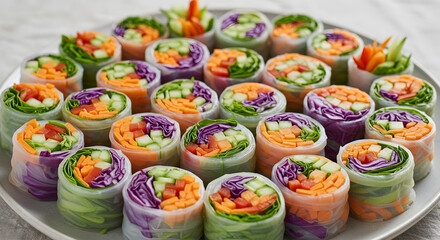 Vibrant spring rolls: A colorful array of fresh vegetables beautifully rolled