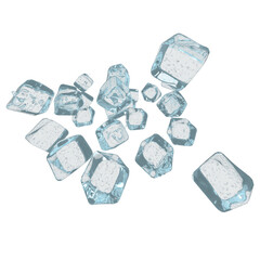 Ice cubes isolated on a white background. A high quality PNG image showcasing transparent, frozen cubes with a glossy, refreshing texture. Perfect for beverage design and creative projects.

