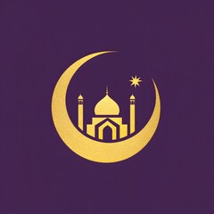Golden Mosque Symbol: A stunning gold mosque silhouette nestled within a crescent moon, set against a deep purple backdrop, is a visual symphony of faith, beauty, and cultural significance.