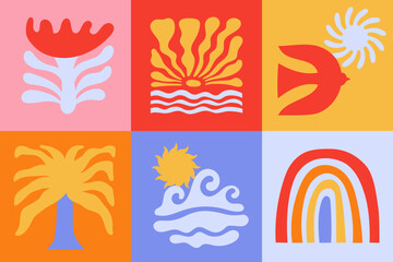 Obraz premium Vector shapes in simple floral wavy and groovy naive style, ocean and vacation theme, flowers and plants, floral botanic hand drawn design templates, modern art prints, surface design