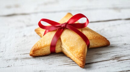 Close up of a golden hamantash tied with a red ribbon, symbolizing a Purim gift, placed on a white wooden surface
