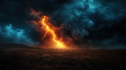 A breathtaking view of dark, stormy clouds illuminated by a dramatic lightning strike at dusk, encapsulating the intensity and raw power of nature's captivating forces.