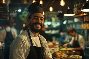 Fototapeta premium Portrait of a smiling chef in busy restaurant