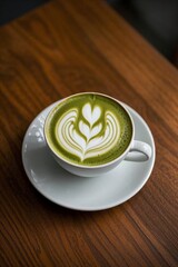 there is a cup of green tea with a heart pattern on it