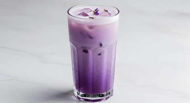 Elegant iced lavender latte with purple gradients and delicate floral garnish