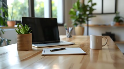 Minimalist Workspace: A sleek laptop, notepad, pen, a small succulent, and a warm cup of coffee rest upon a wooden desk, bathed in natural light from the window.