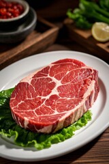 Fototapeta premium a close up of a piece of meat on a plate with lettuce