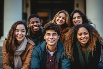 Fototapeta premium Portrait of a smiling diverse group of students Infront of university in USA