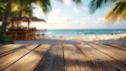 Fototapeta premium Relaxing beach scene with a wooden surface in the foreground, perfect for product placement or showcasing summer vibes.