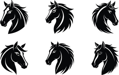 Silhouette illustration of multiple black horses running in a wild nature setting