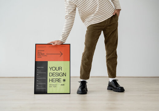 Mockup Of Man Leaning On Customized Poster, Framed