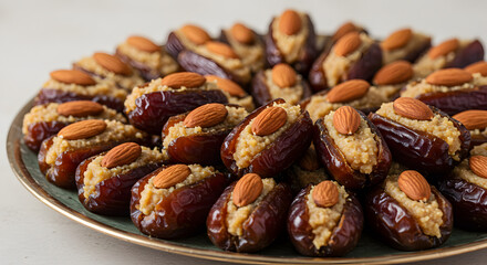 Fototapeta premium Delicious stuffed dates with almond toppings, a sweet Middle Eastern delicacy