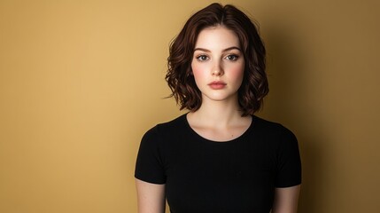 Obraz premium Portrait of a Young Woman with Short Brown Hair Against a Mustard Yellow Background