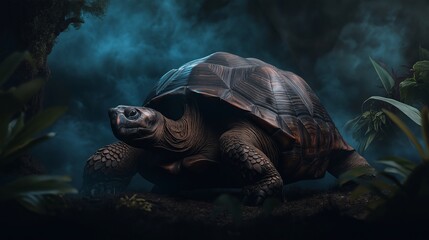 Solemn tortoise gazes from the shadows in a serene natural setting.