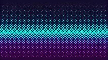 "A pixel halftone gradient with smooth fading transitions from dark purple to bright turquoise, set against a glossy black surface."