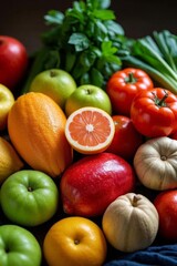 there is a pile of fruit and vegetables on a table