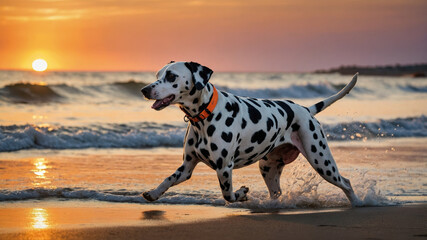 Dalmatian runs joyfully along a windswept beach during a vibrant sunset