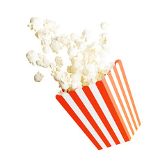Popcorn in a bucket isolated on a white background. A high quality PNG image showcasing freshly popped, buttery popcorn in a classic striped container. Perfect for cinema, snack, and food design .