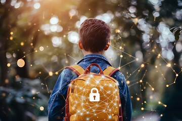Child with yellow backpack featuring digital padlock icon, concept of cybersecurity in education, school data protection and online privacy for students, secure digital identity in connected world, fu