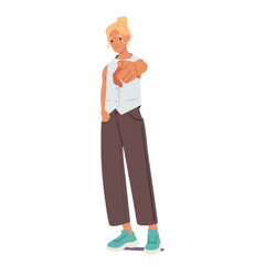 Young pretty woman cartoon character pointing you gesturing finger forward full-length portrait