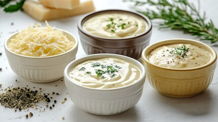 A bowl of traditional b&eacute;chamel sauce alongside variations like cheese-infused Mornay, garlic-parmesan b&eacute;chamel, and mustard b&eacute;chamel, elegant presentation