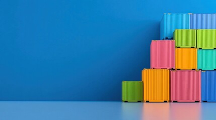 Colorful Cargo Containers Stacked Against a Blue Wall: A Vibrant Image Representing Global Trade and Logistics