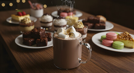 Fototapeta premium Indulgent Dessert Spread Featuring Hot Cocoa and an Assortment of Sweet Treats