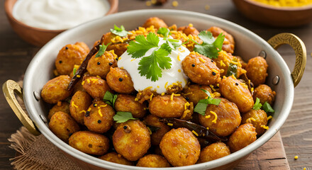 Fototapeta premium Exquisite Indian Spiced Fried Lentils Topped with Yogurt and Cilantro Delight