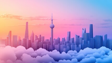 Stunning Cityscape Illustration of Shanghai at Dusk with Vibrant Colors and Soft Clouds Creating a Dreamlike Atmosphere Perfect for Artistic Projects