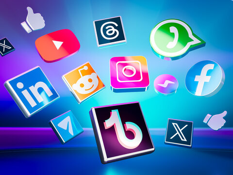 FONDO ICONOS LOGOS DE REDES SOCIALES 3D FLOTANDO CON FONDO AZUL LUMINOSO 