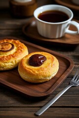 there are two pastries on a wooden tray with a cup of coffee