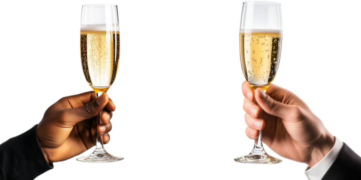two hands of unrecognizable businessmen with champagne glasses raised up isolated over white background; concept of business sucess celebration, good marketing plan / strategy
