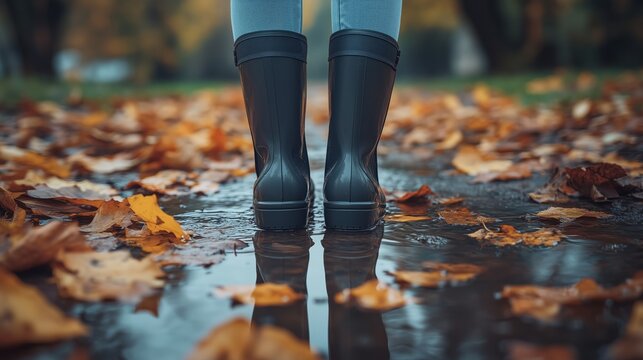 Woman wearing rain boots standing in puddle with autumn leaves