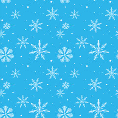 Christmas Seamless Background with White Snowflakes and Stars on Blue Sky. Eps10, Contains Transparencies. Vector