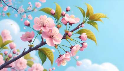 In the left side, cherry blossom with green leaf, on sky blue background