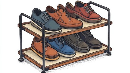 Stylish and Diverse Footwear Displayed on Modern Wooden Rack with Metal Accents, Featuring a Collection of Casual and Dress Shoes for Fashion Enthusiasts
